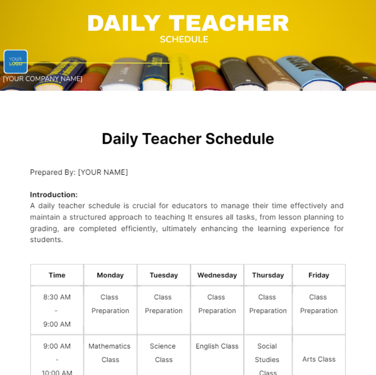 Daily Teacher Schedule Template