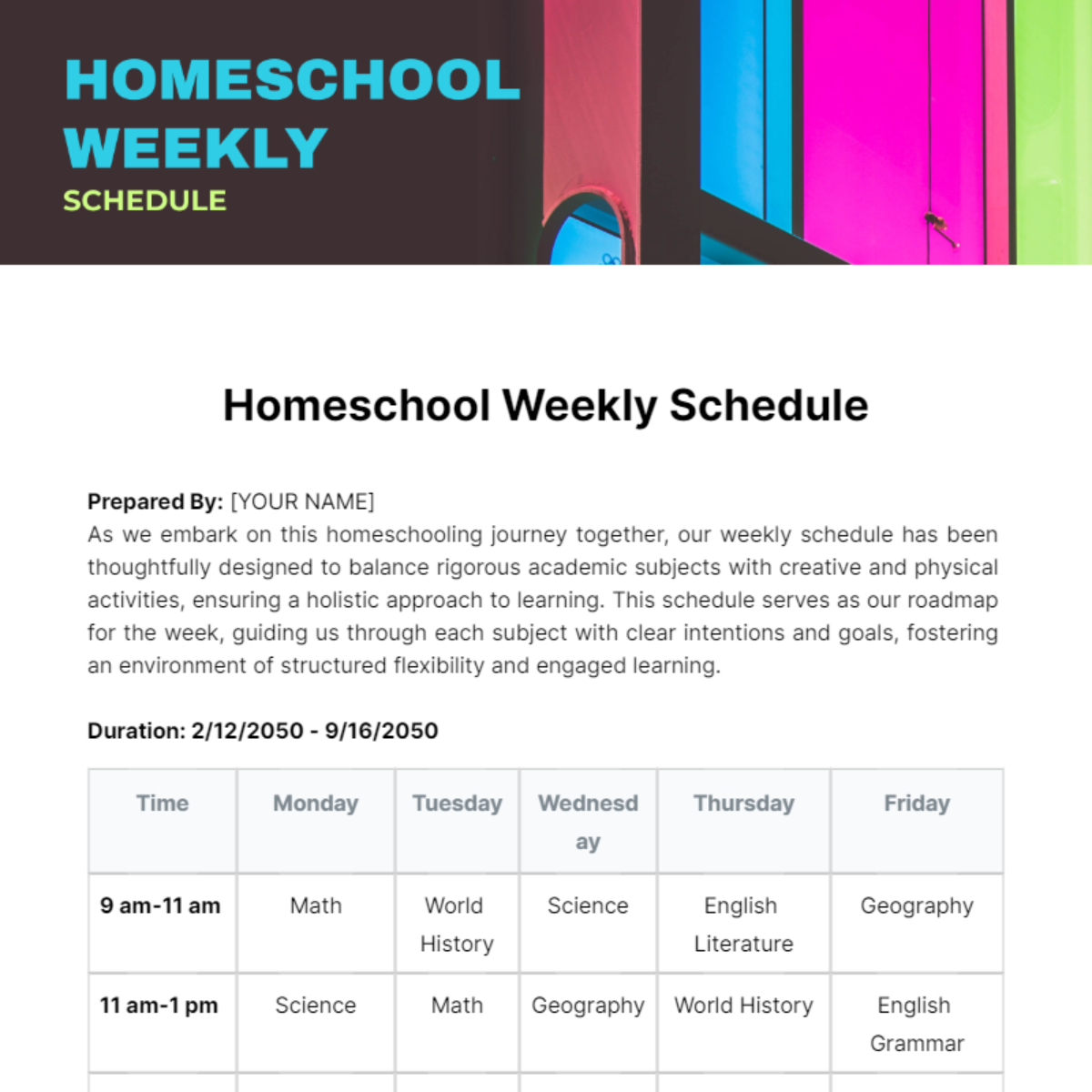 Free Homeschool Weekly Schedule Template