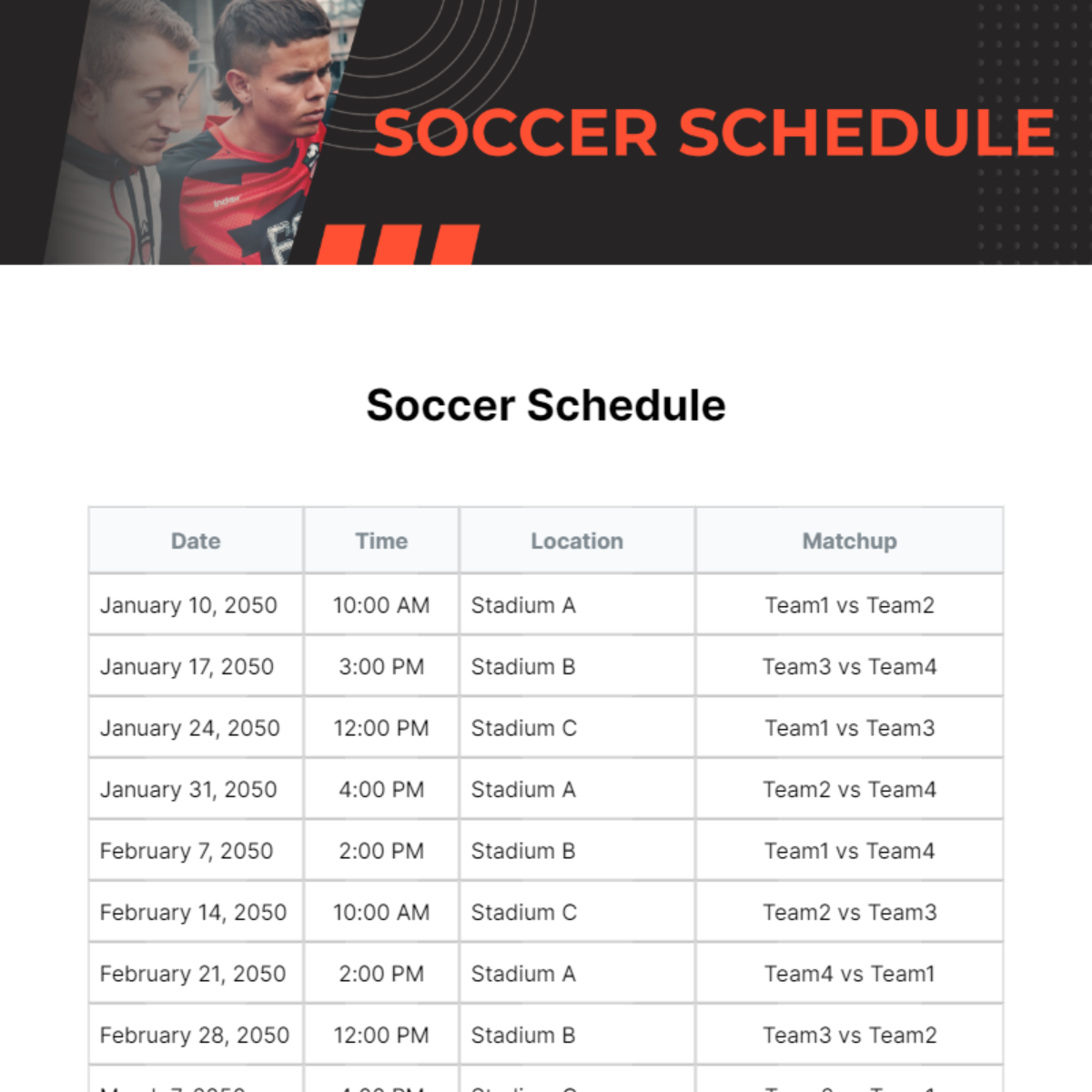 Soccer Schedule Template - Edit Online & Download