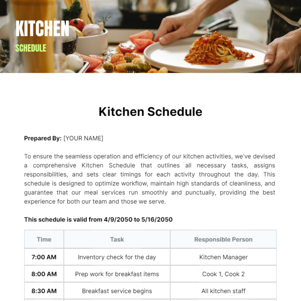 Kitchen Schedule Template
