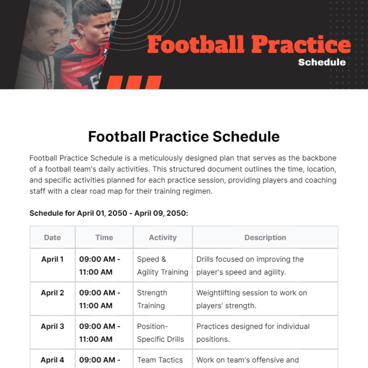 Football Practice Schedule Template - Edit Online & Download