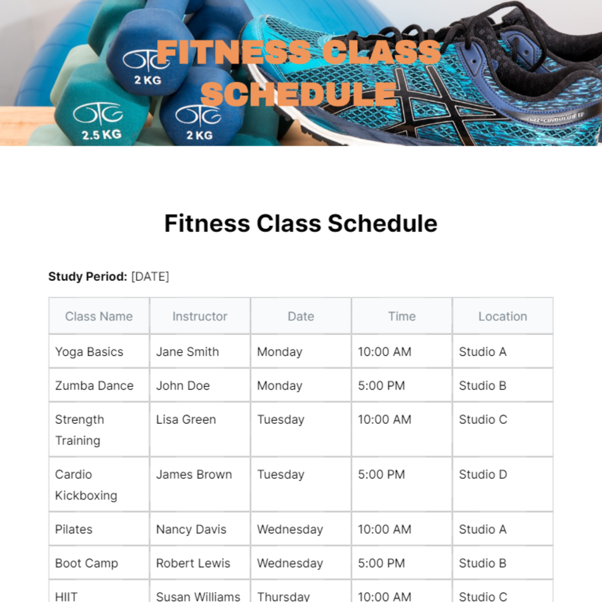 Fitness Class Schedule Template - Edit Online & Download