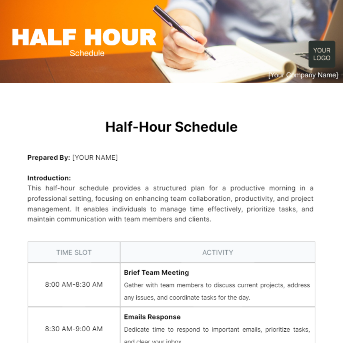 Free Half Hour Schedule Template