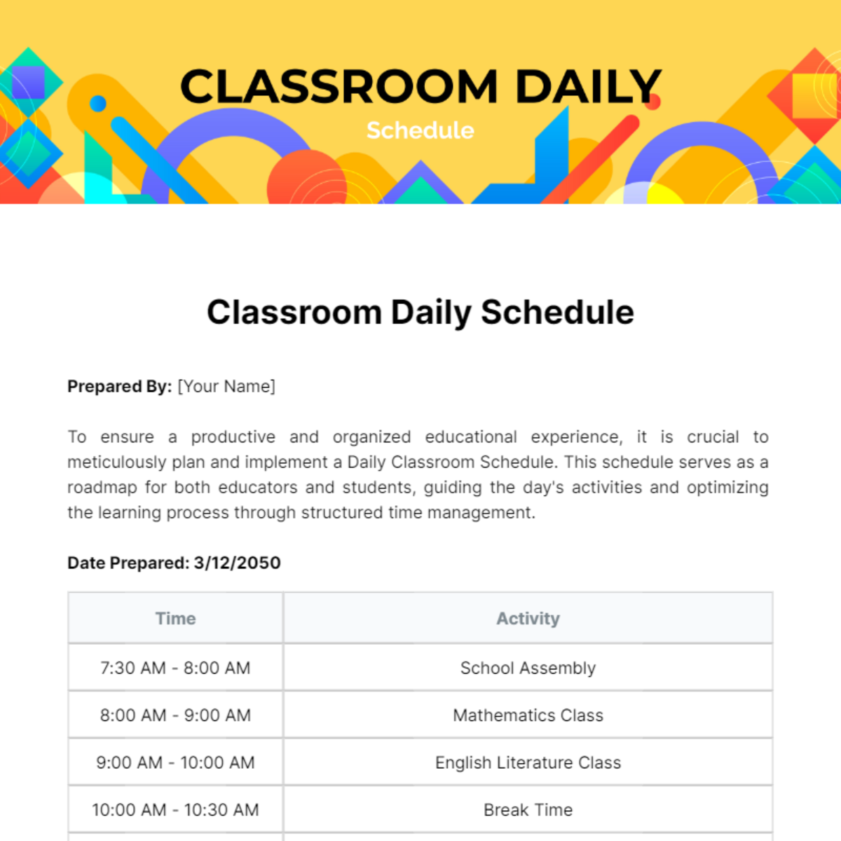 Daily Classroom Schedule Template