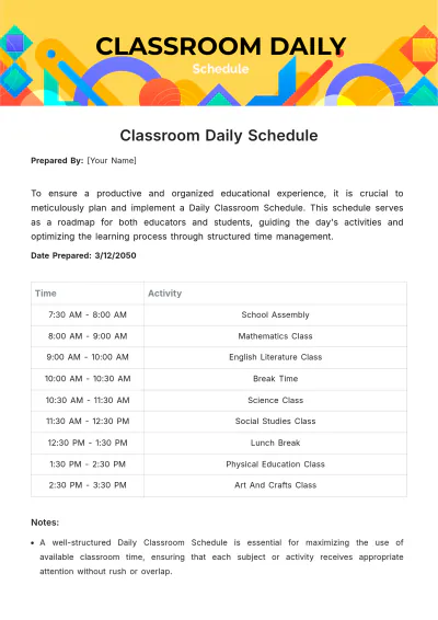 Free Daily Classroom Schedule Template to Edit Online