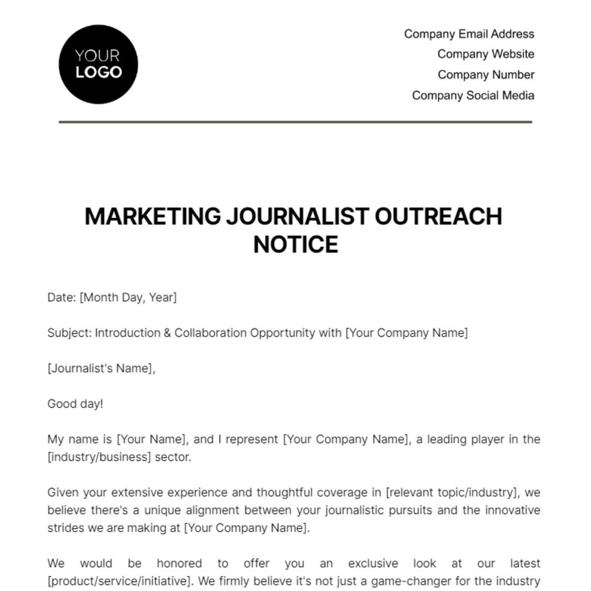 Marketing Journalist Outreach Notice Template