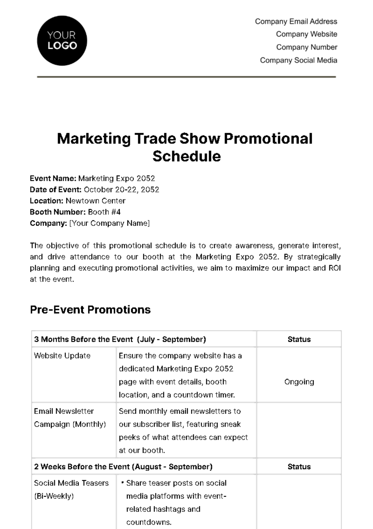 Free Marketing Trade Show Promotional Schedule Template.