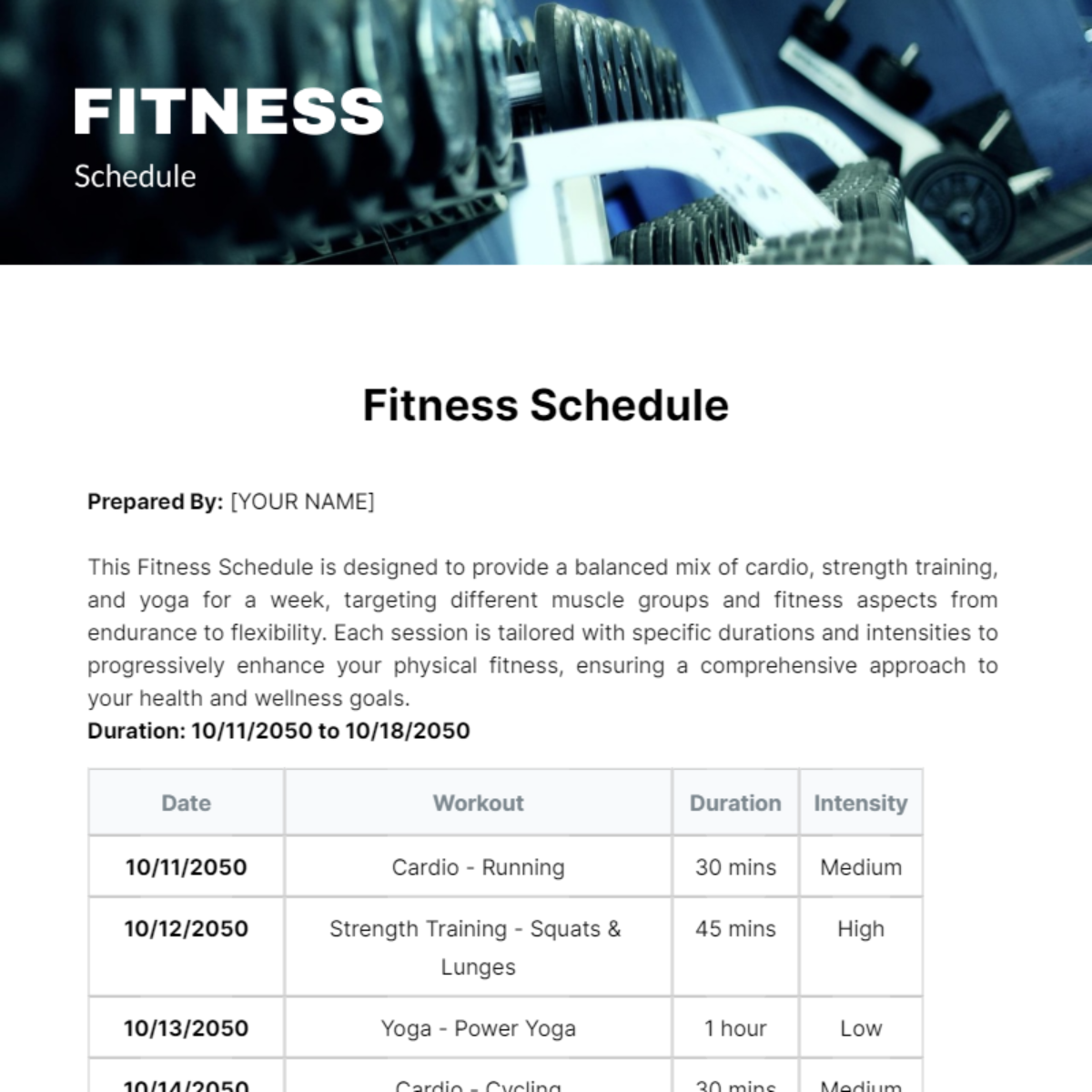 Fitness Schedule Template