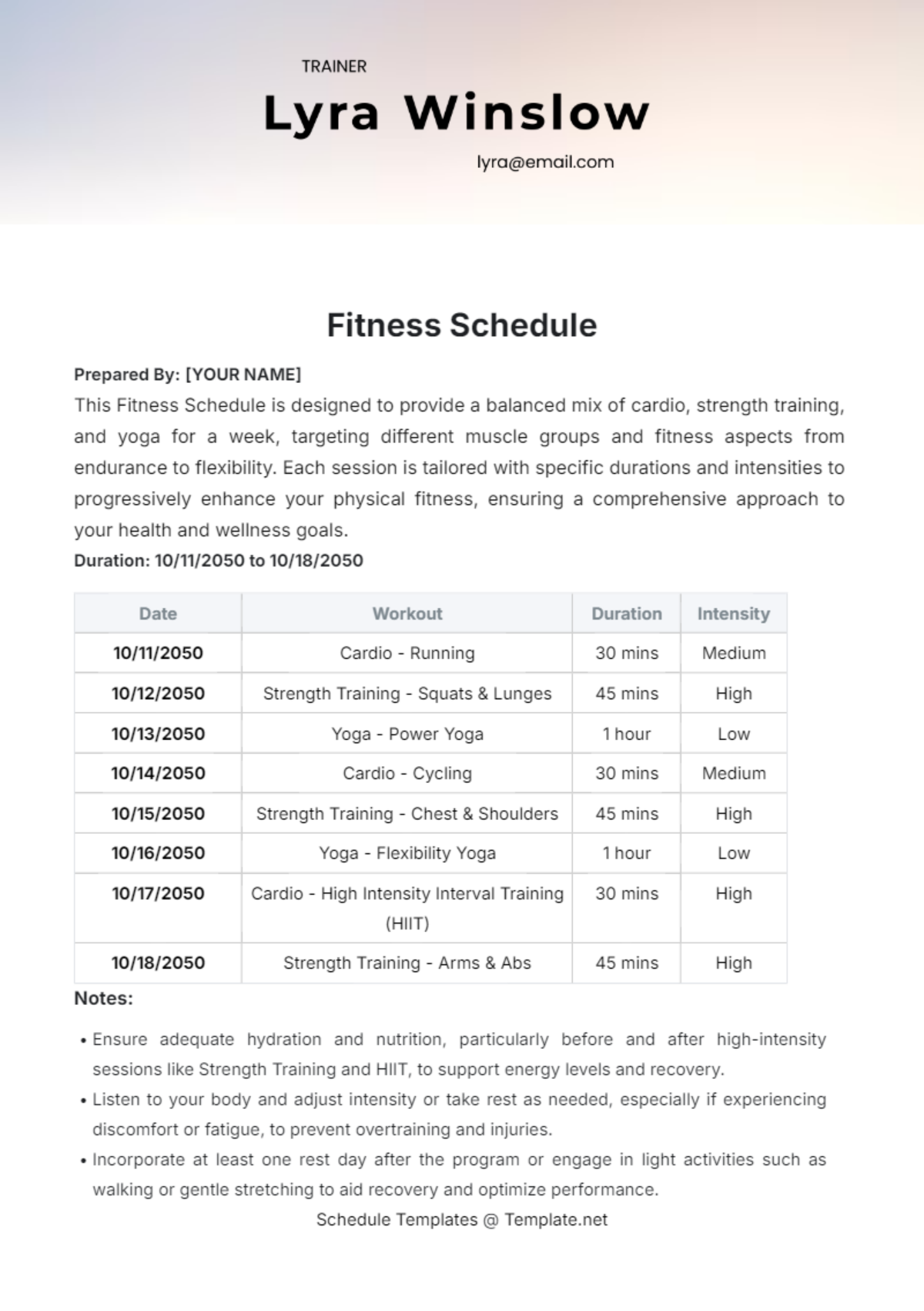 Fitness Schedule Template