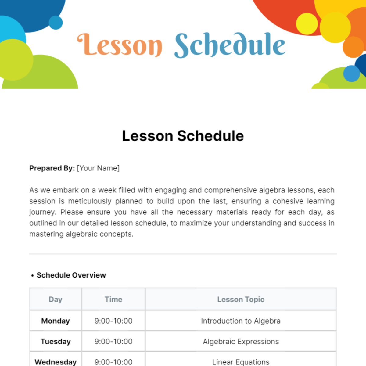 Lesson Schedule Template