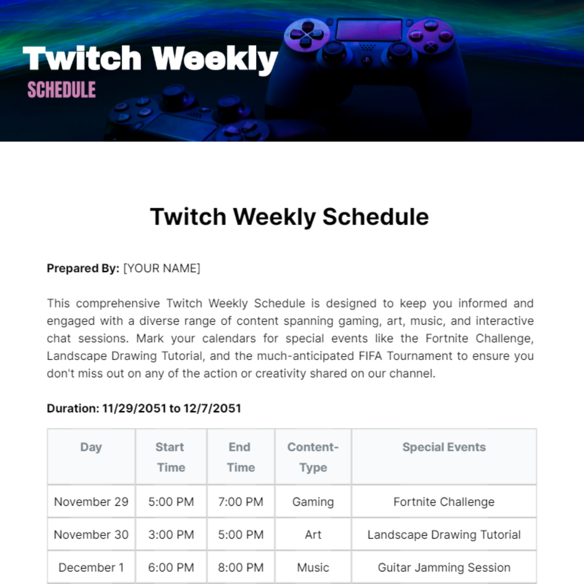 Twitch Weekly Schedule Template