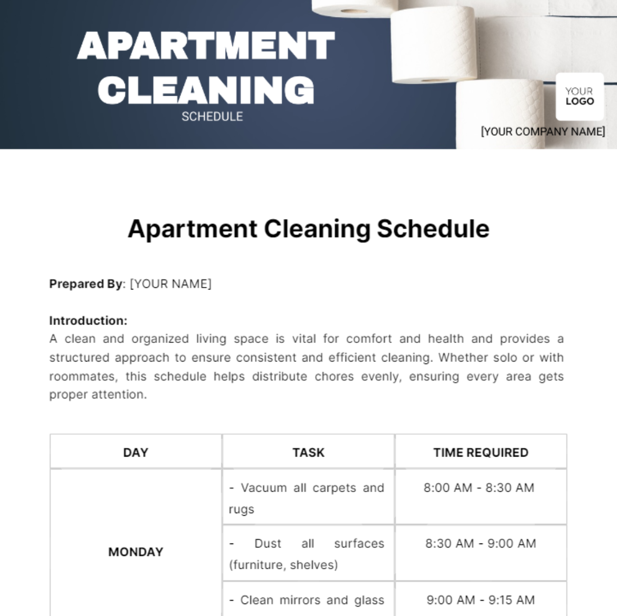 Apartment Cleaning Schedule Template