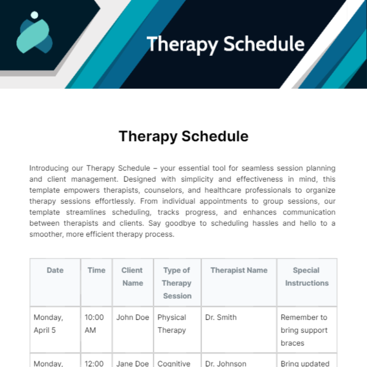 Therapy Schedule Template - Edit Online & Download