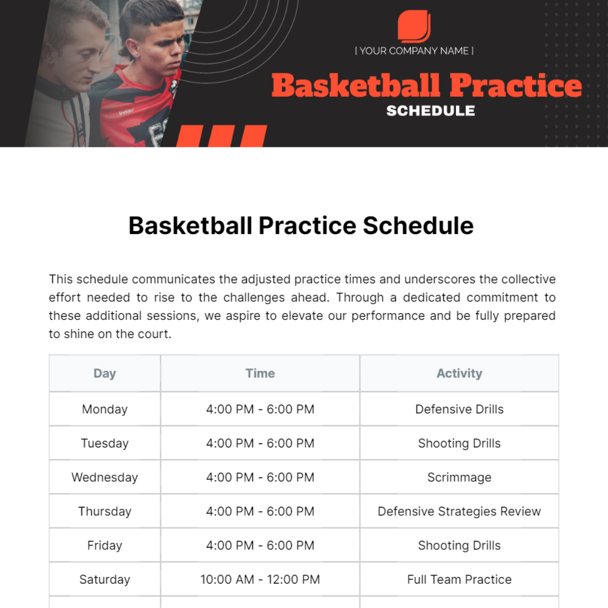 Basketball Practice Schedule Template