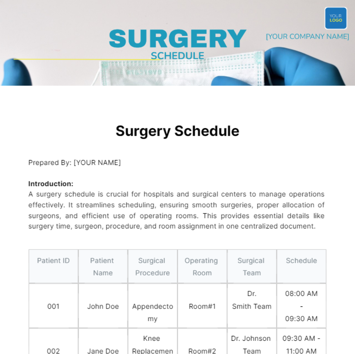 Free Surgery Schedule Template