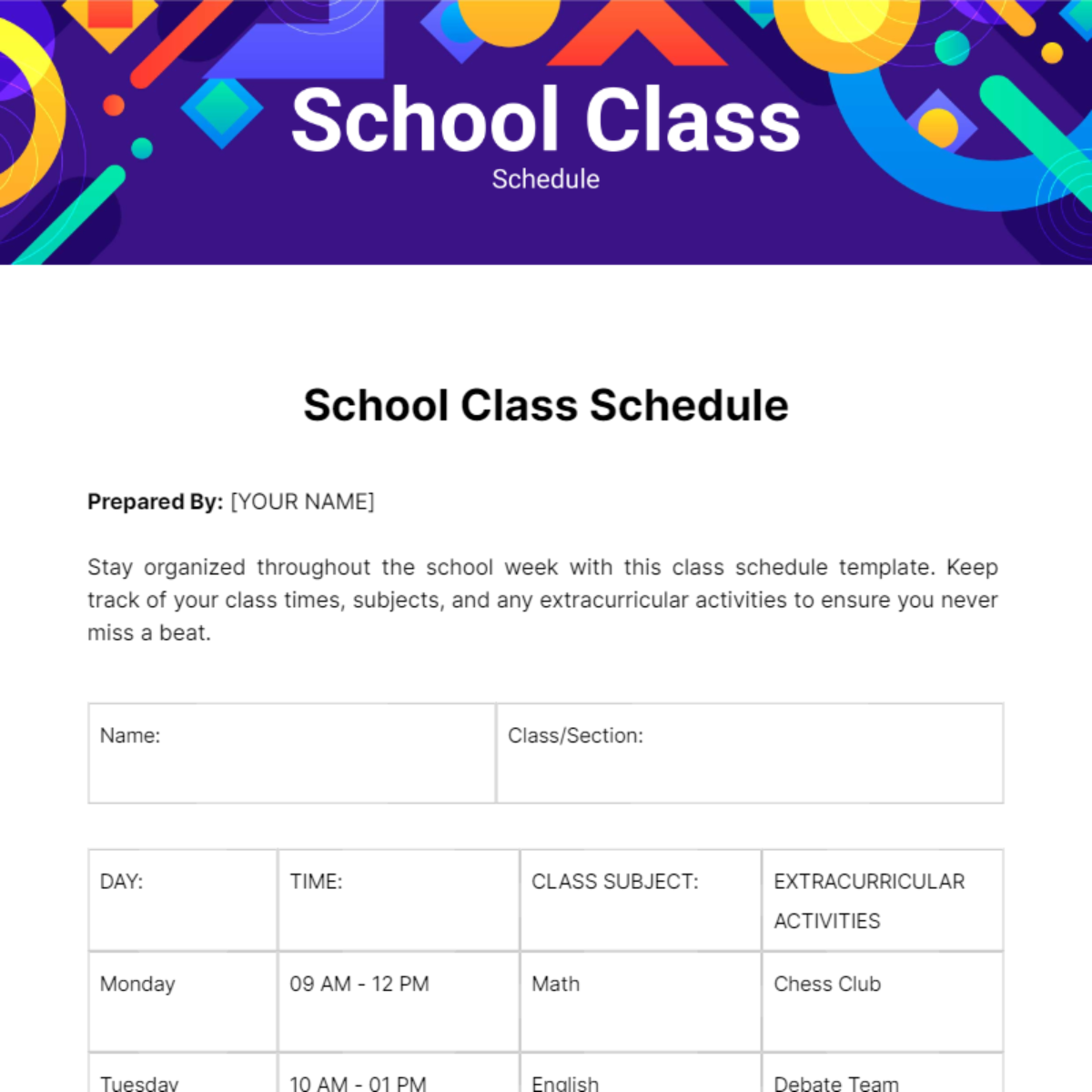 School Class Schedule Template - Edit Online & Download