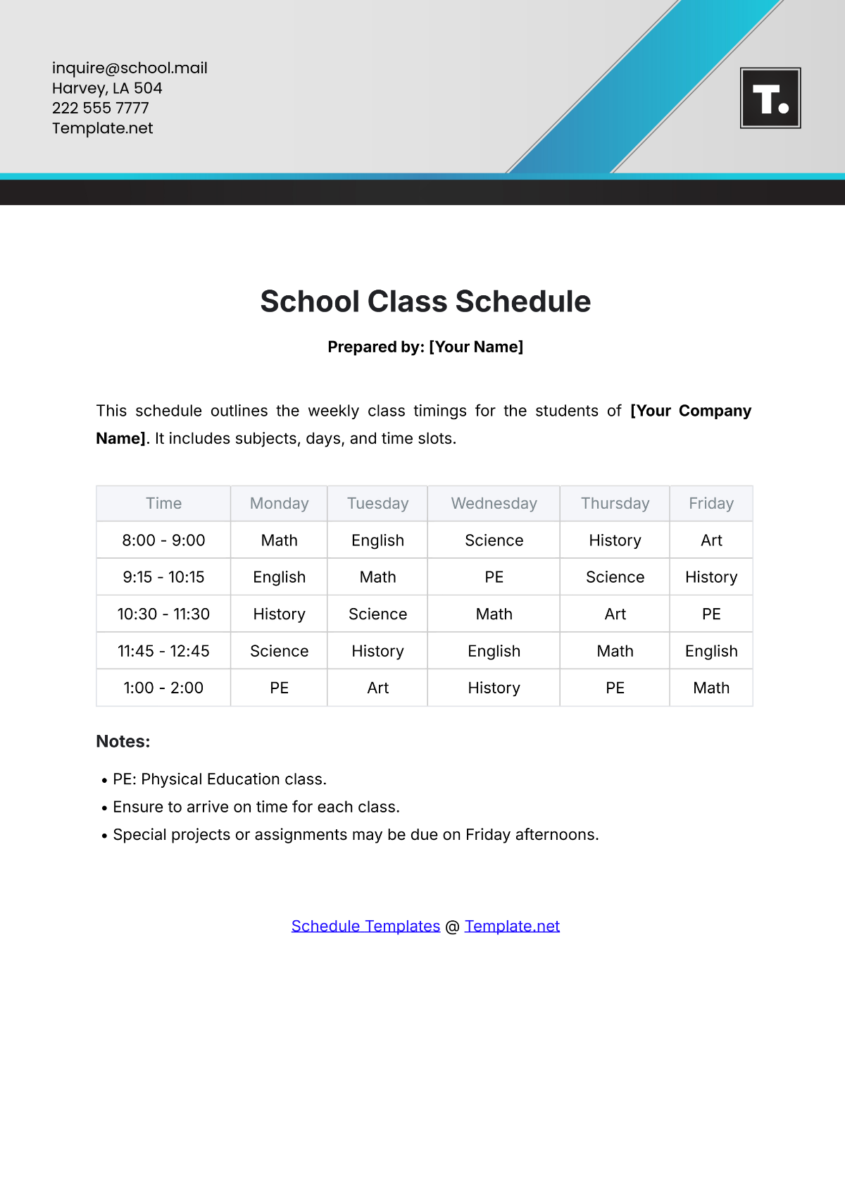 School Class Schedule Template - Edit Online & Download