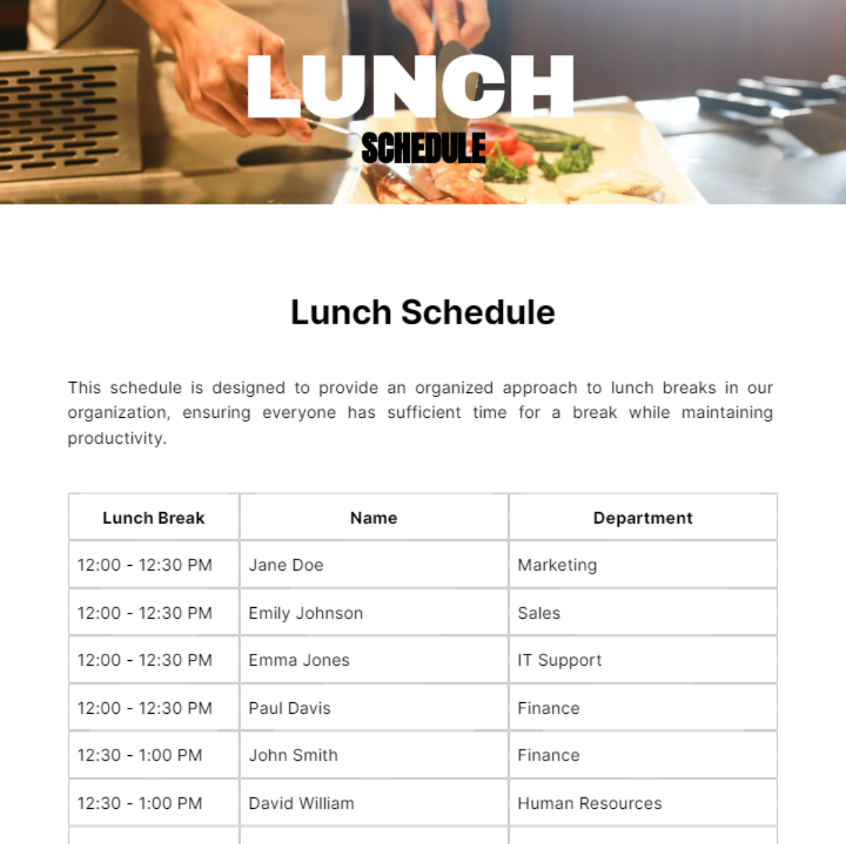 Lunch Schedule Template - Edit Online & Download