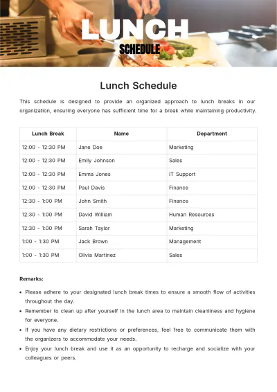 Free Lunch Schedule Template to Edit Online
