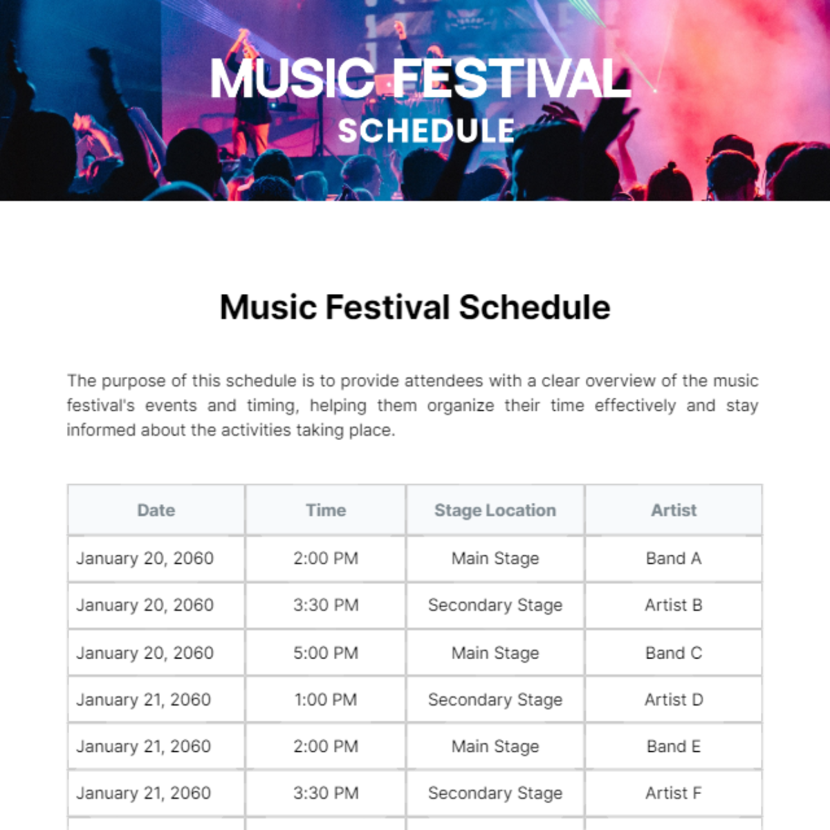 Music Festival Schedule Template - Edit Online & Download