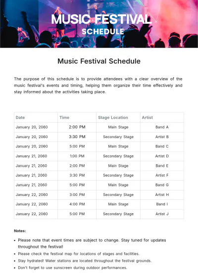 Free Music Festival Schedule Template to Edit Online
