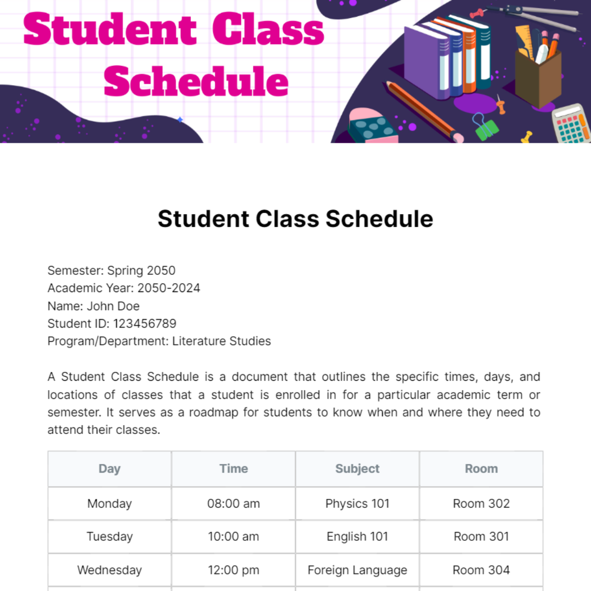 Free Student Class Schedule Template