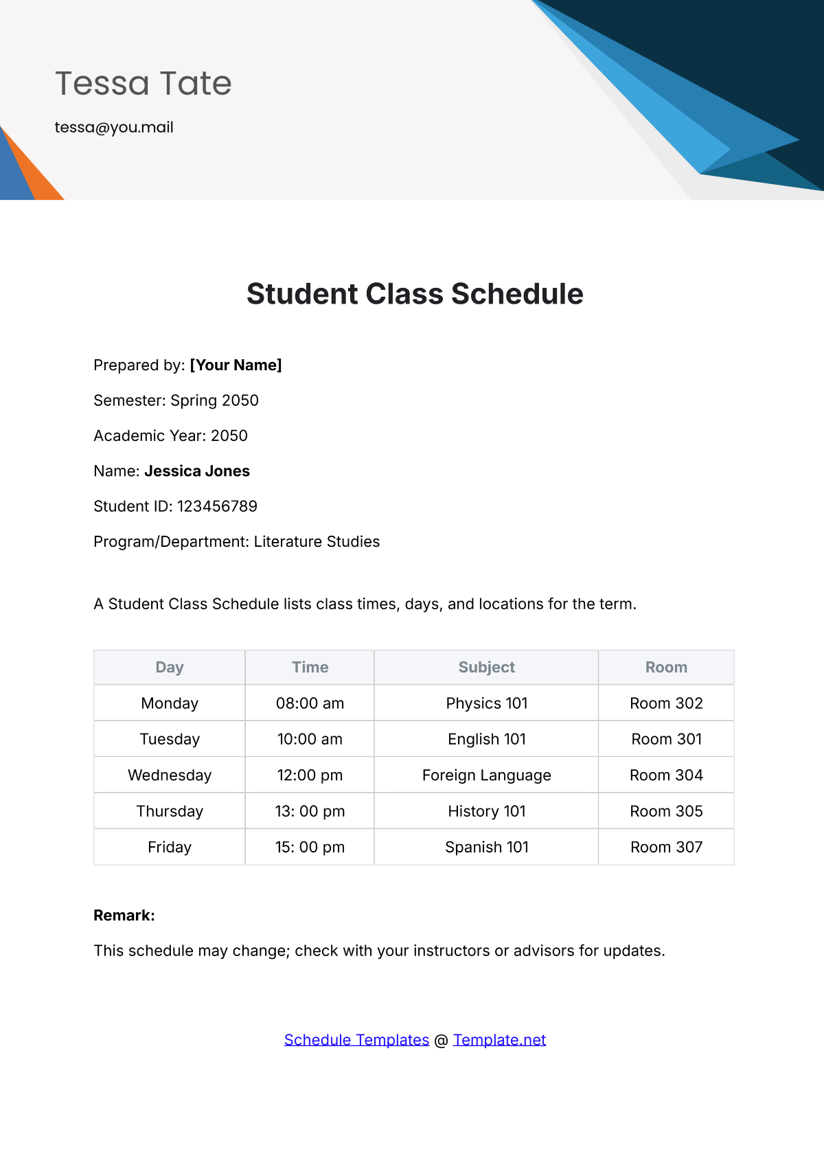 Student Class Schedule Template - Edit Online & Download