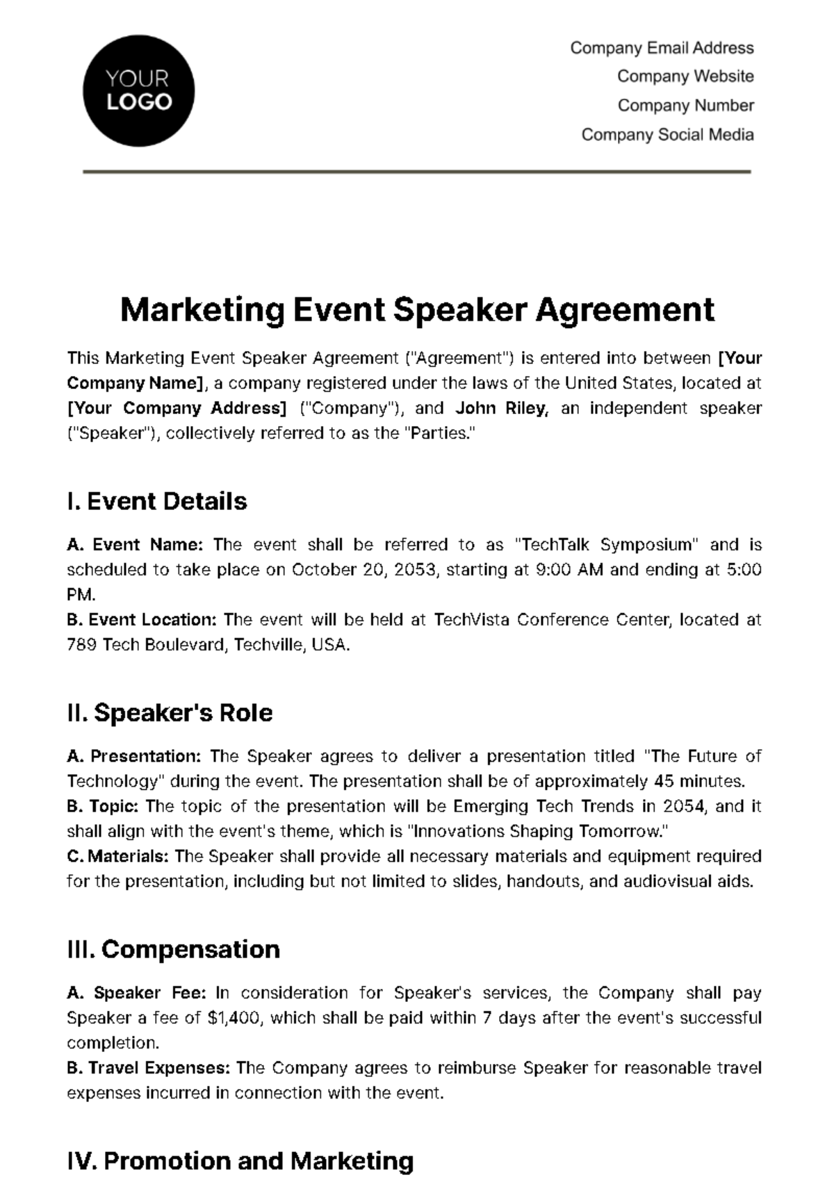 Marketing Event Speaker Agreement Template