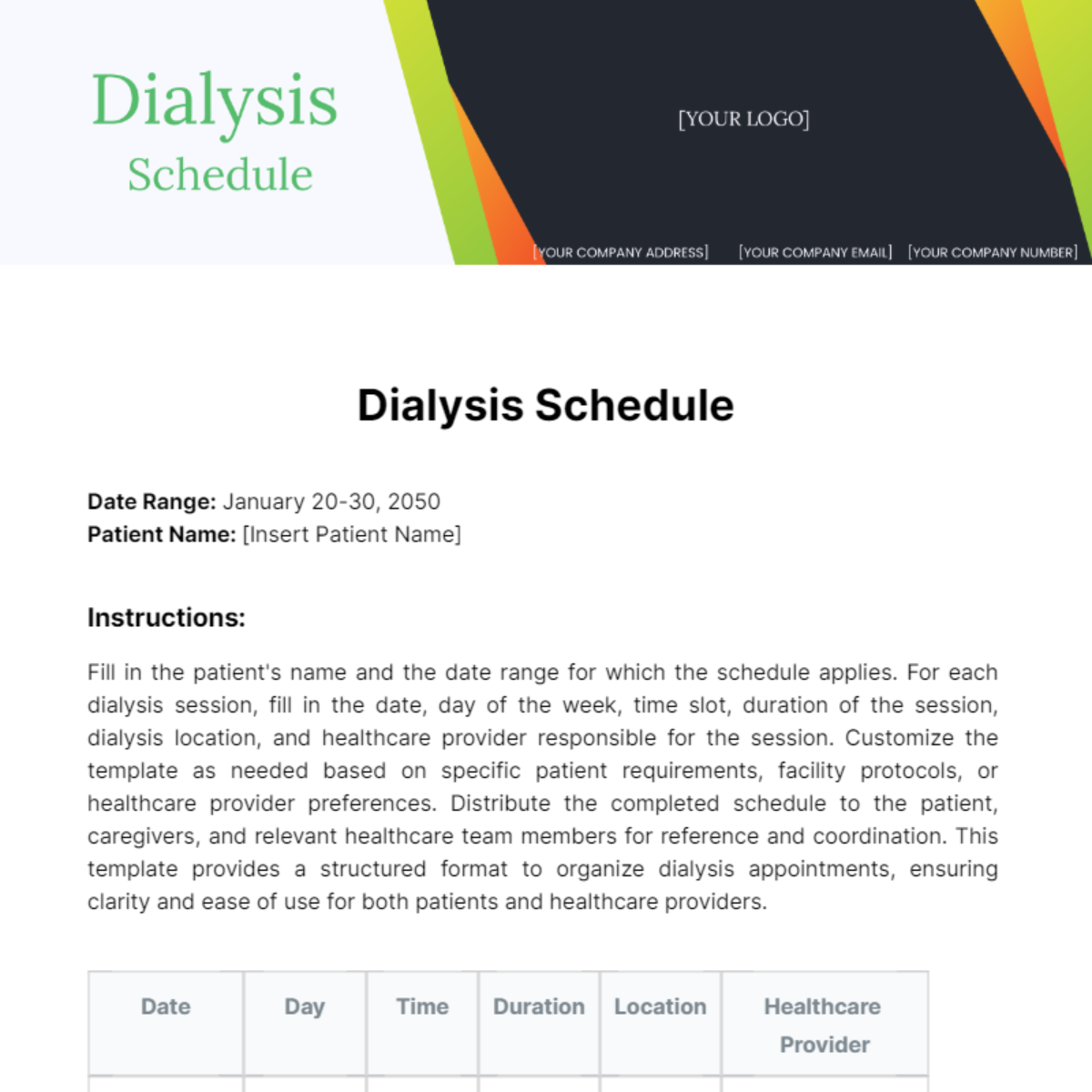 Dialysis Schedule Template - Edit Online & Download