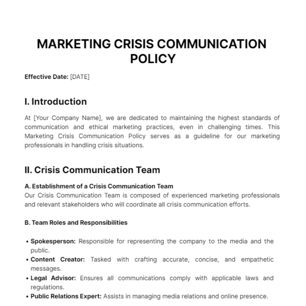 Marketing Crisis Communication Policy Template