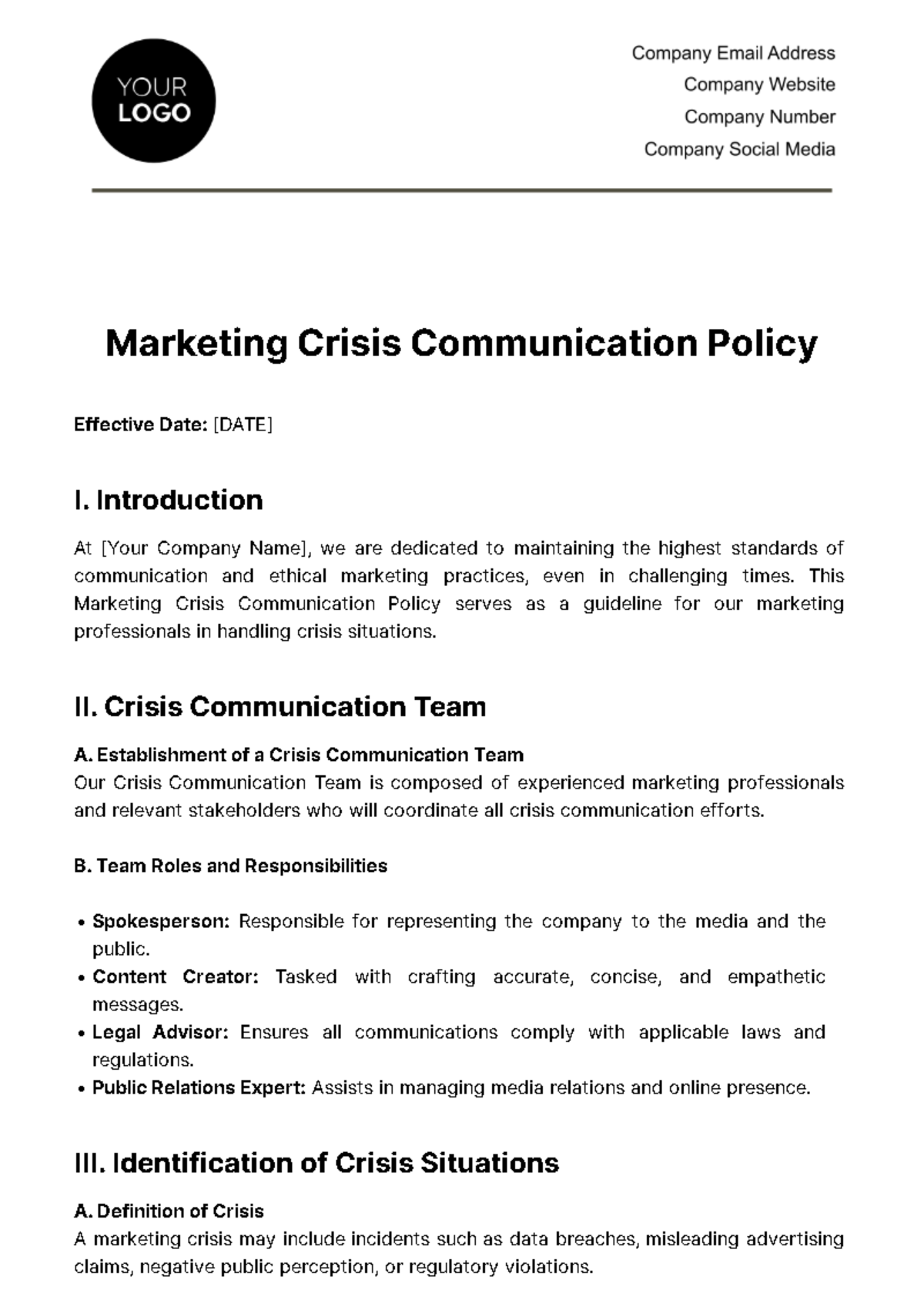 Marketing Crisis Communication Policy Template