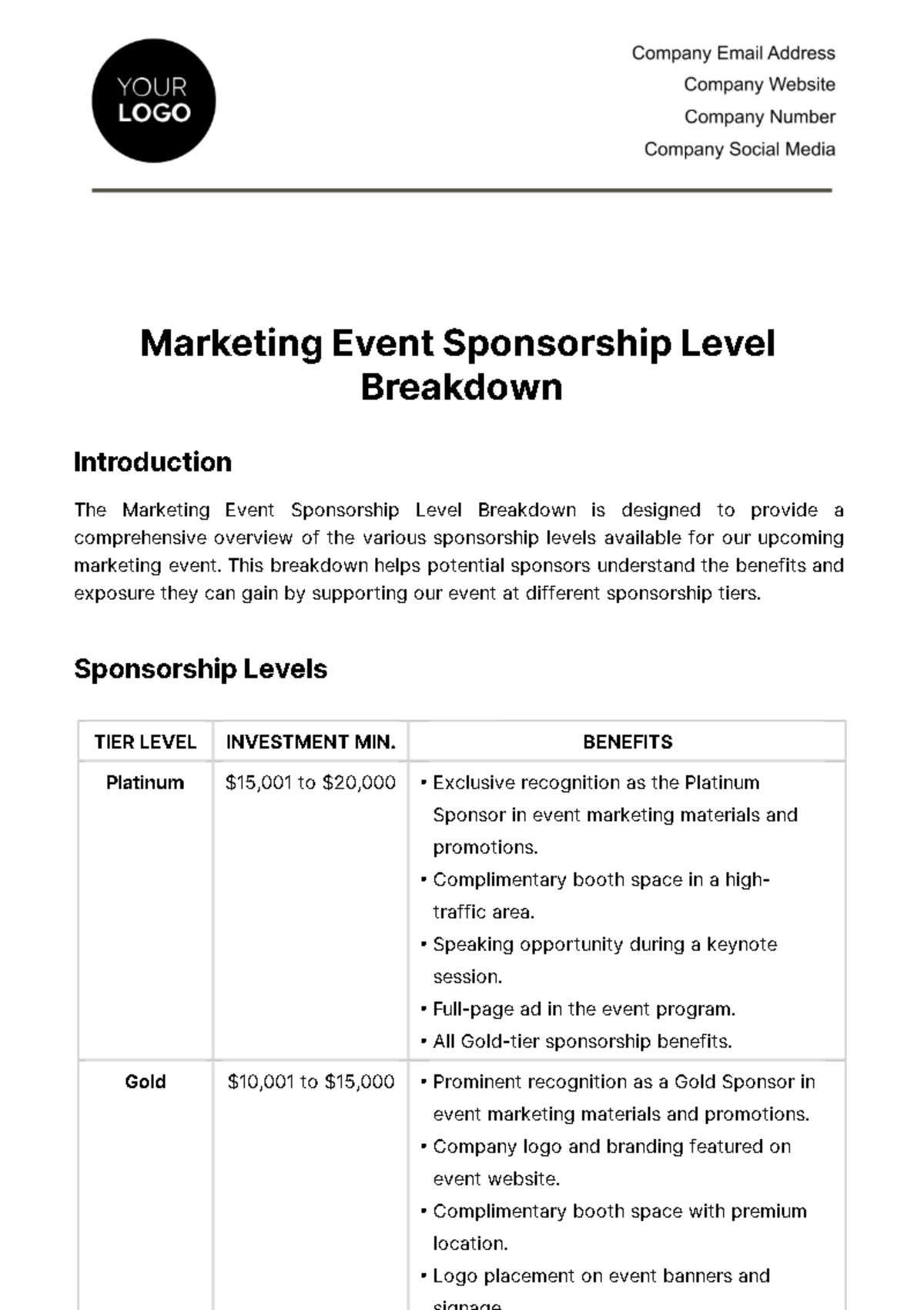 Free Marketing Event Sponsorship Level Breakdown Template