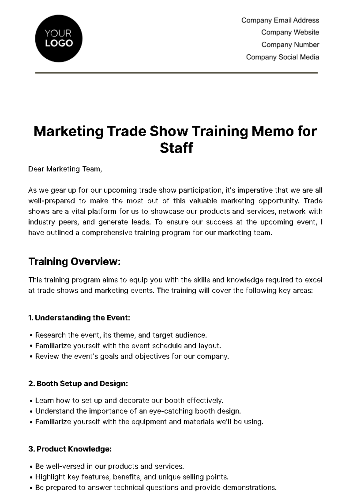 Marketing Trade Show Training Memo for Staff Template