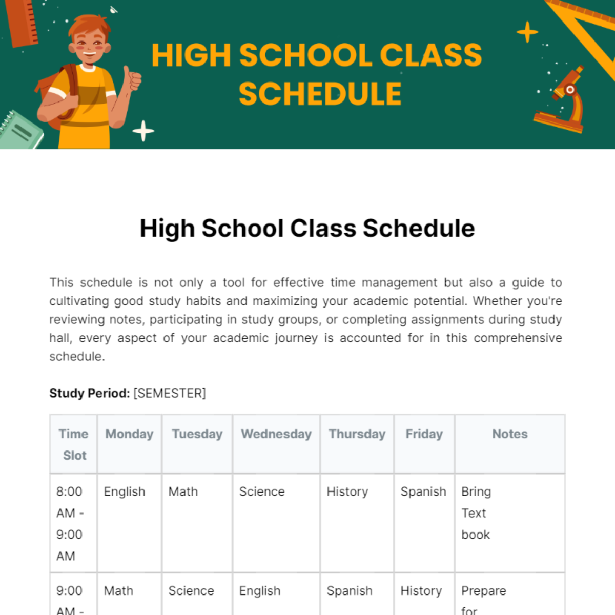 High School Class Schedule Template - Edit Online & Download