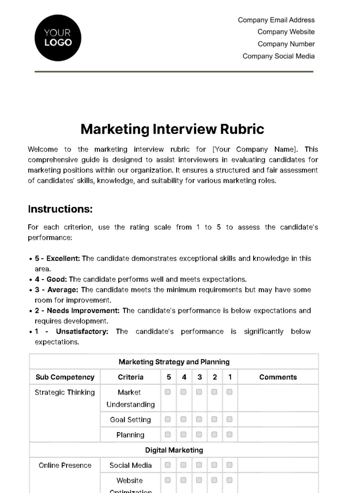 Marketing Interview Rubric Template
