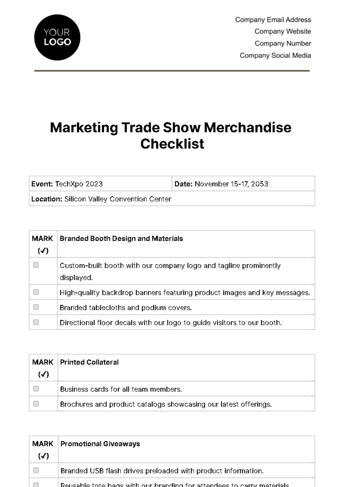 Free Marketing Trade Show Merchandise Checklist Template