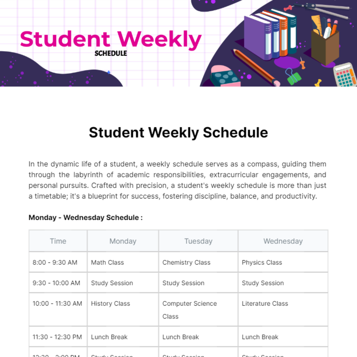 Student Weekly Schedule Template - Edit Online & Download