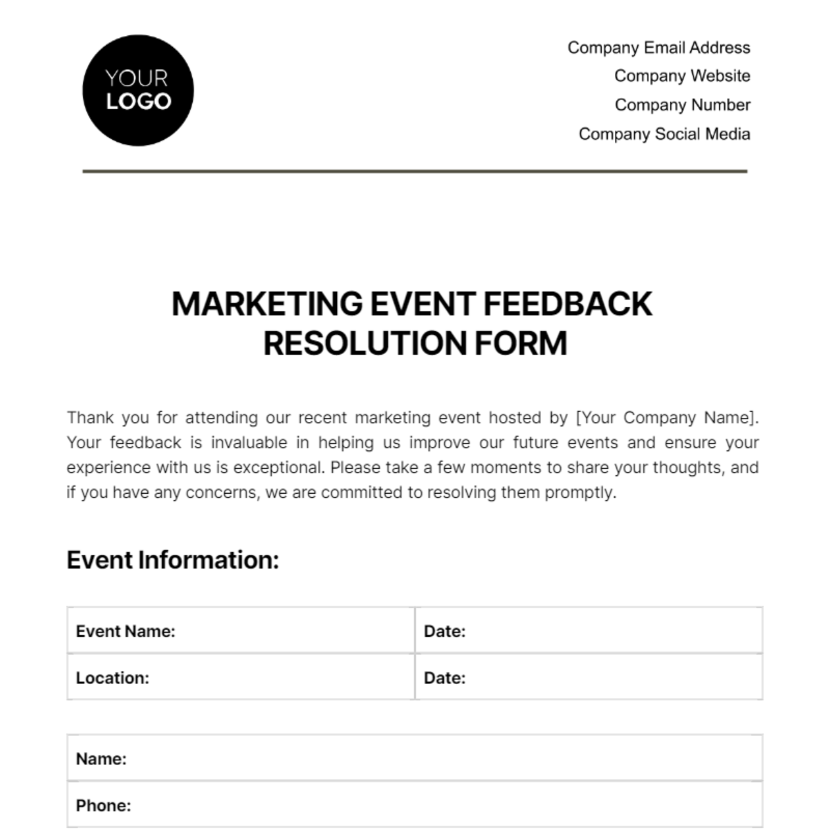 Marketing Event Feedback Resolution Form Template