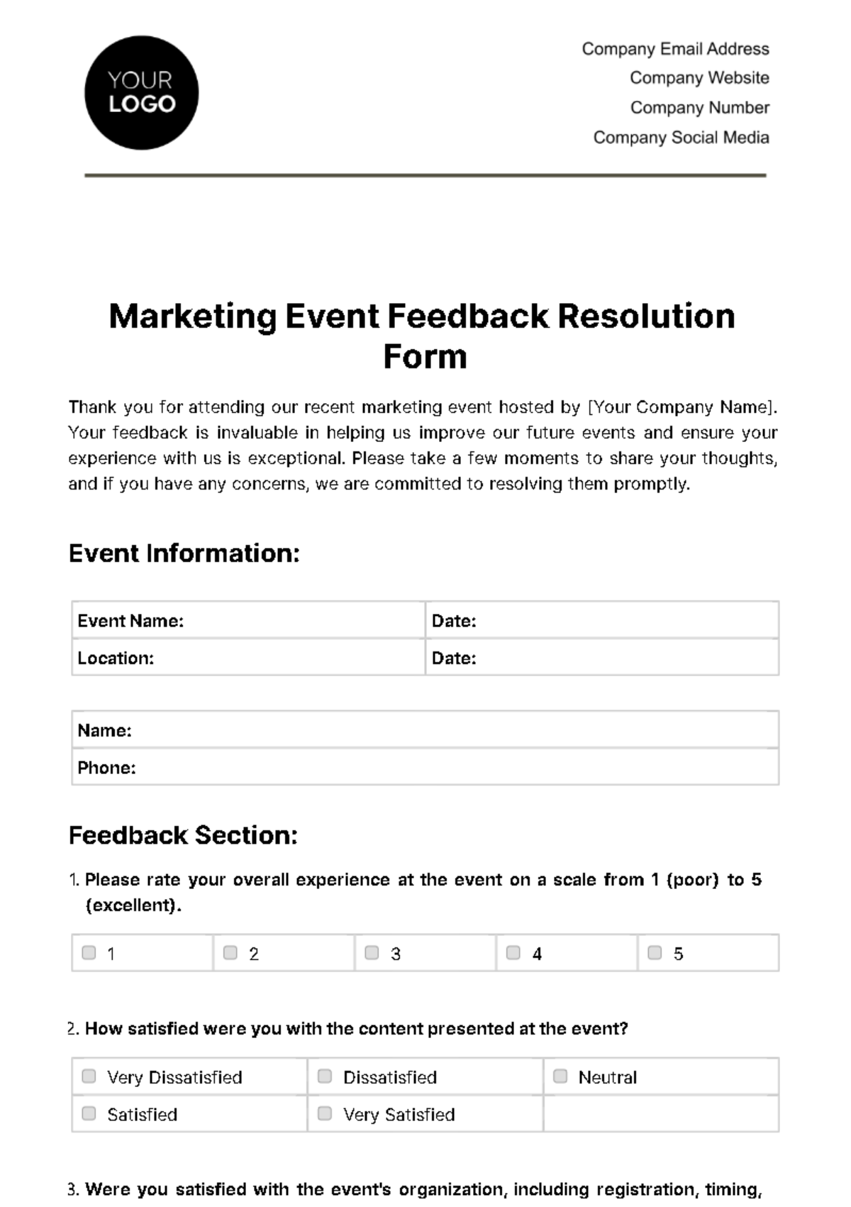 Free Marketing Event Feedback Resolution Form Template