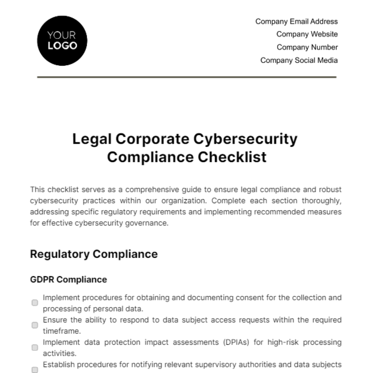 Free Legal Corporate Cybersecurity Compliance Checklist Template