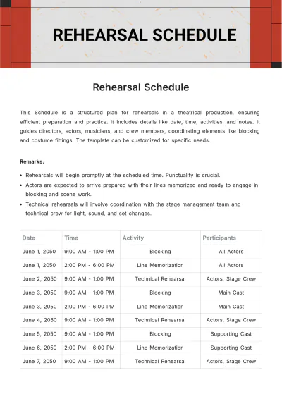 Free Rehearsal Schedule Template to Edit Online