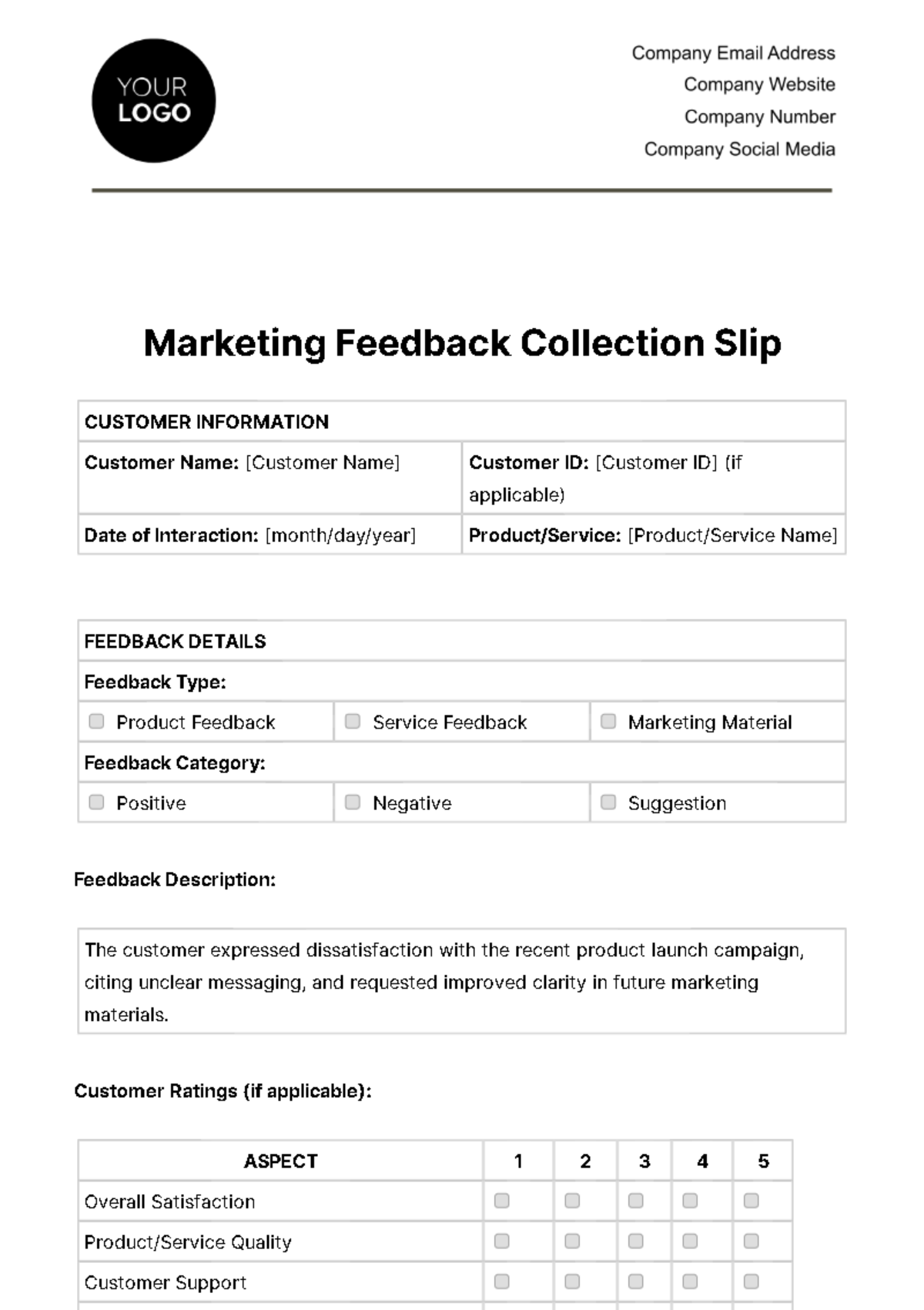 Marketing Feedback Collection Slip Template