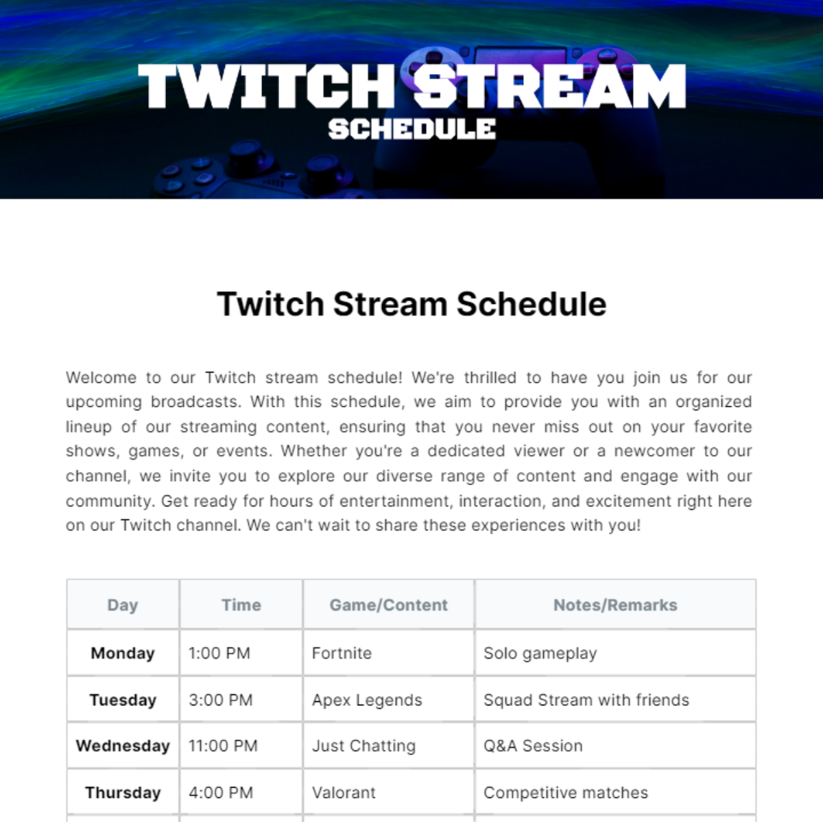 Twitch Stream Schedule Template - Edit Online & Download