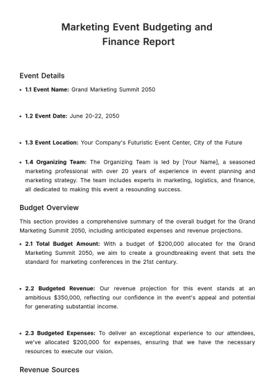 Free Marketing Event Budgeting and Finance Report Template to Edit Online