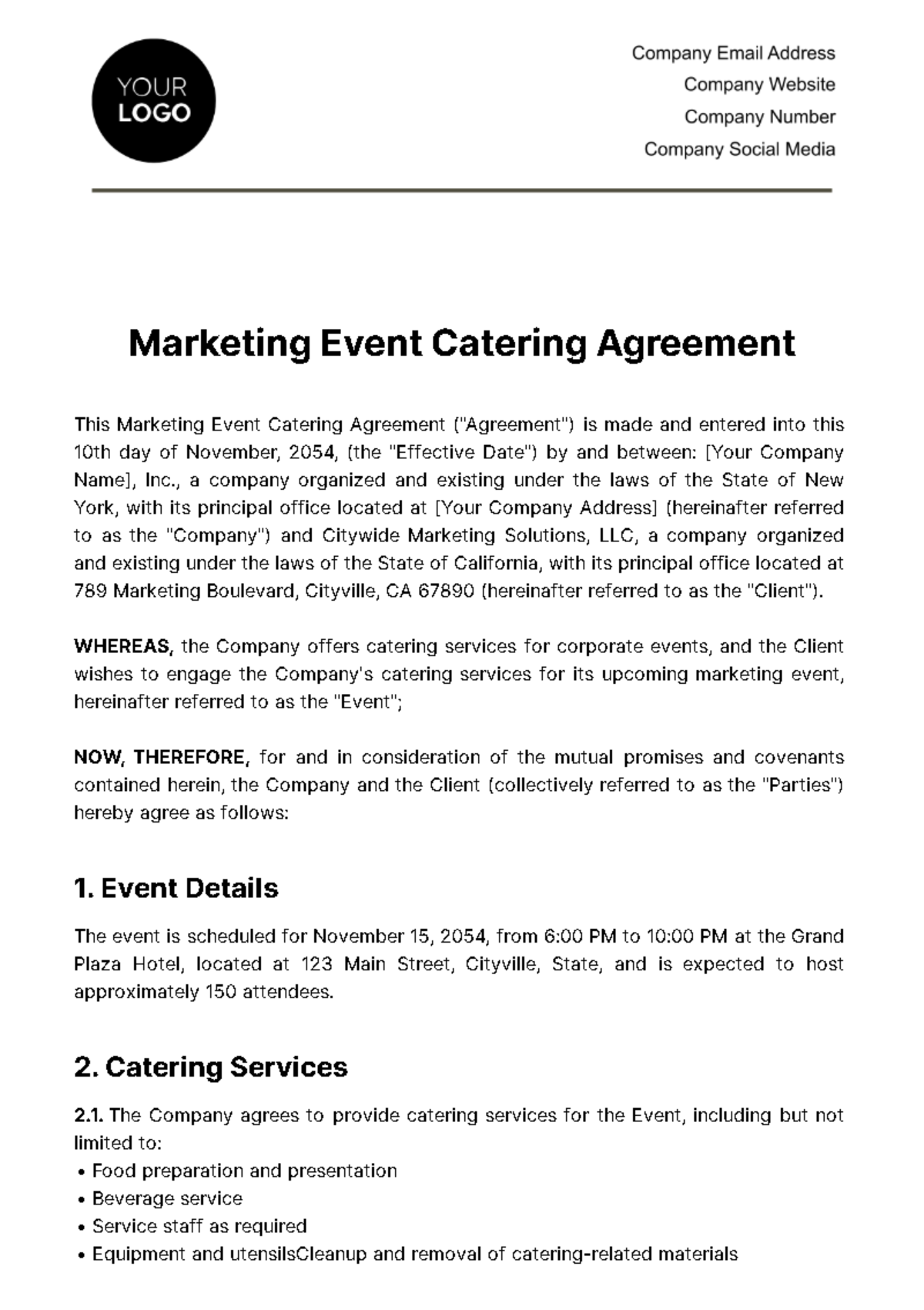 Marketing Event Catering Agreement Template