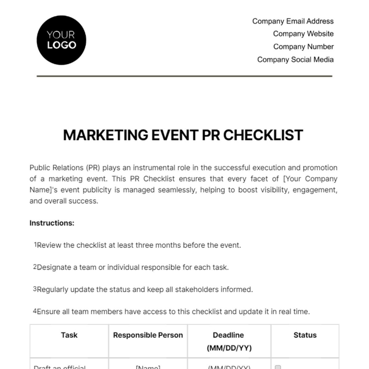 Marketing Event PR Checklist Template - Edit Online & Download