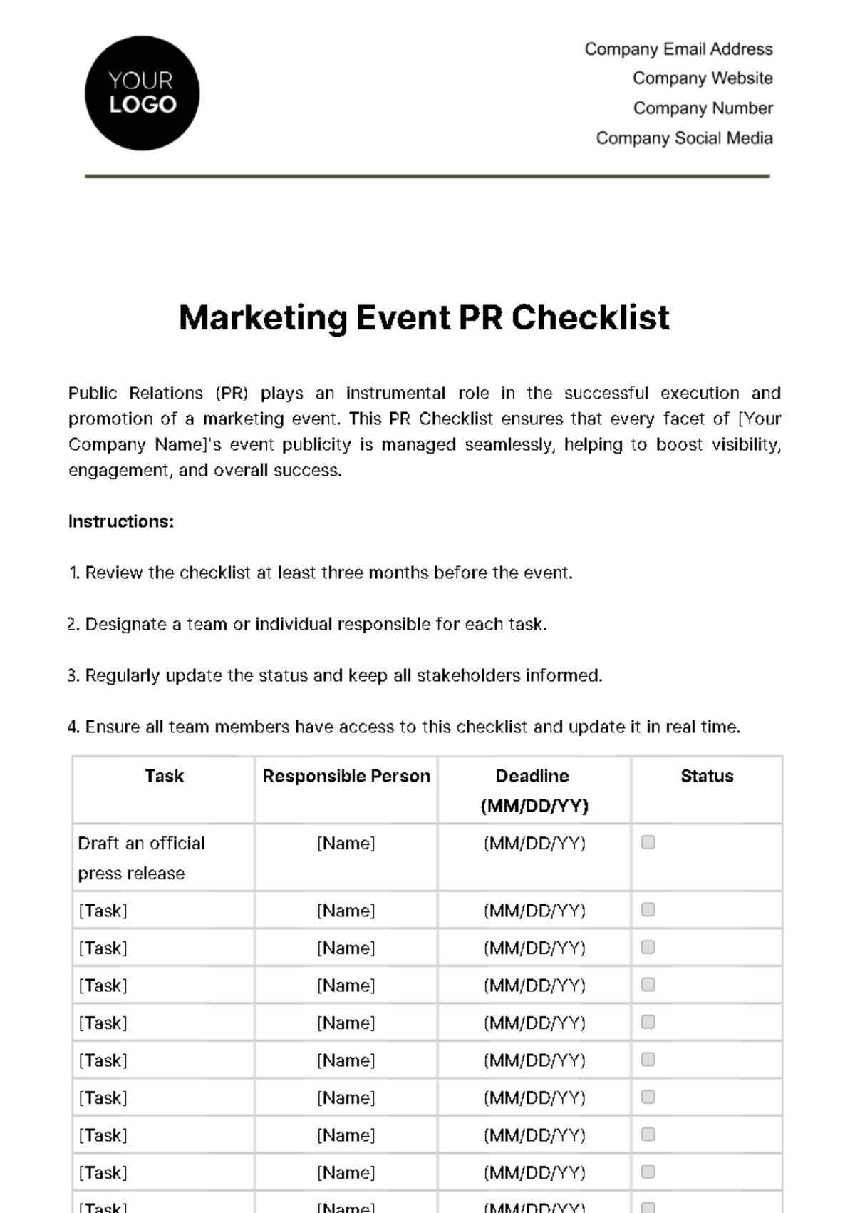 Free Marketing Event PR Checklist Template