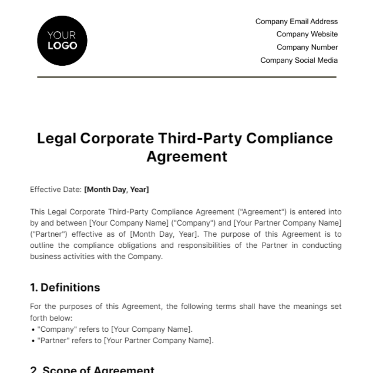 Legal Corporate Third-Party Compliance Agreement Template