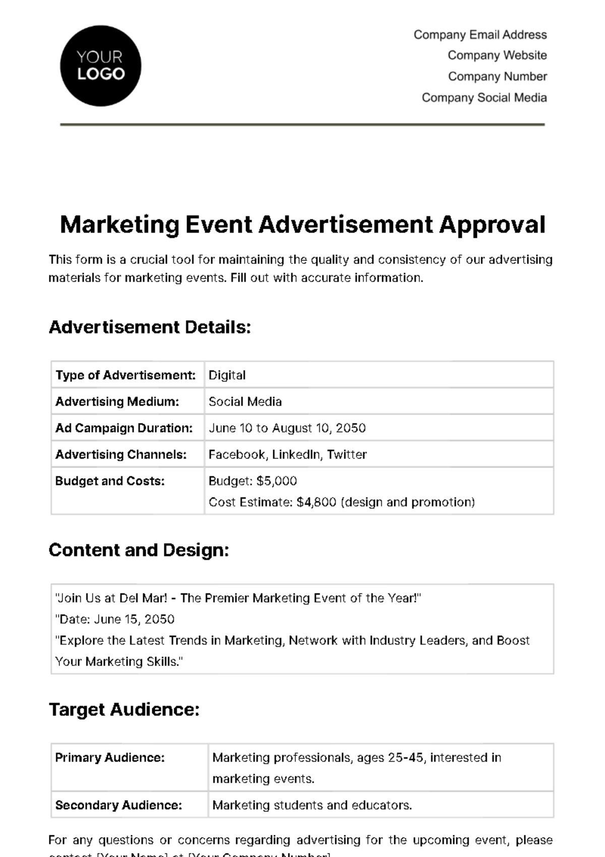 Free Marketing Event Advertisement Approval Template
