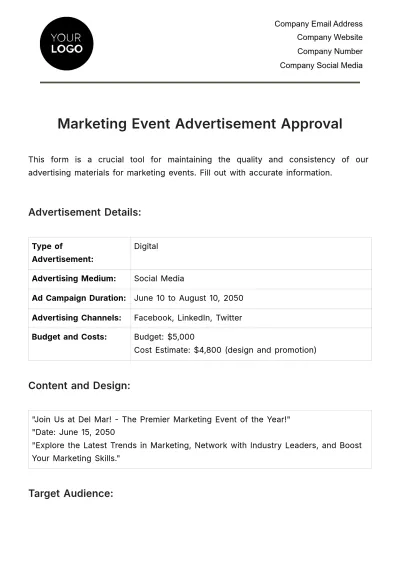 Free Marketing Event Advertisement Approval Template to Edit Online
